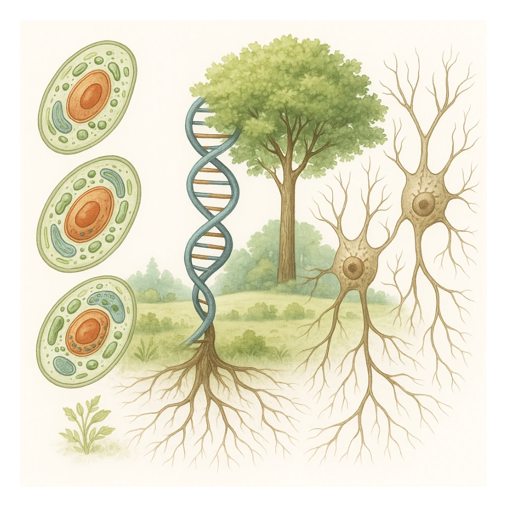 A realistic biological illustration (like in a school book) showing: DNA strands transitioning into a tree, cells with visible organelles, neurons connected to plant roots  and a balanced ecosystem background . Seamless integration, no labels or borders, white background, detailed but minimalist.  sticker