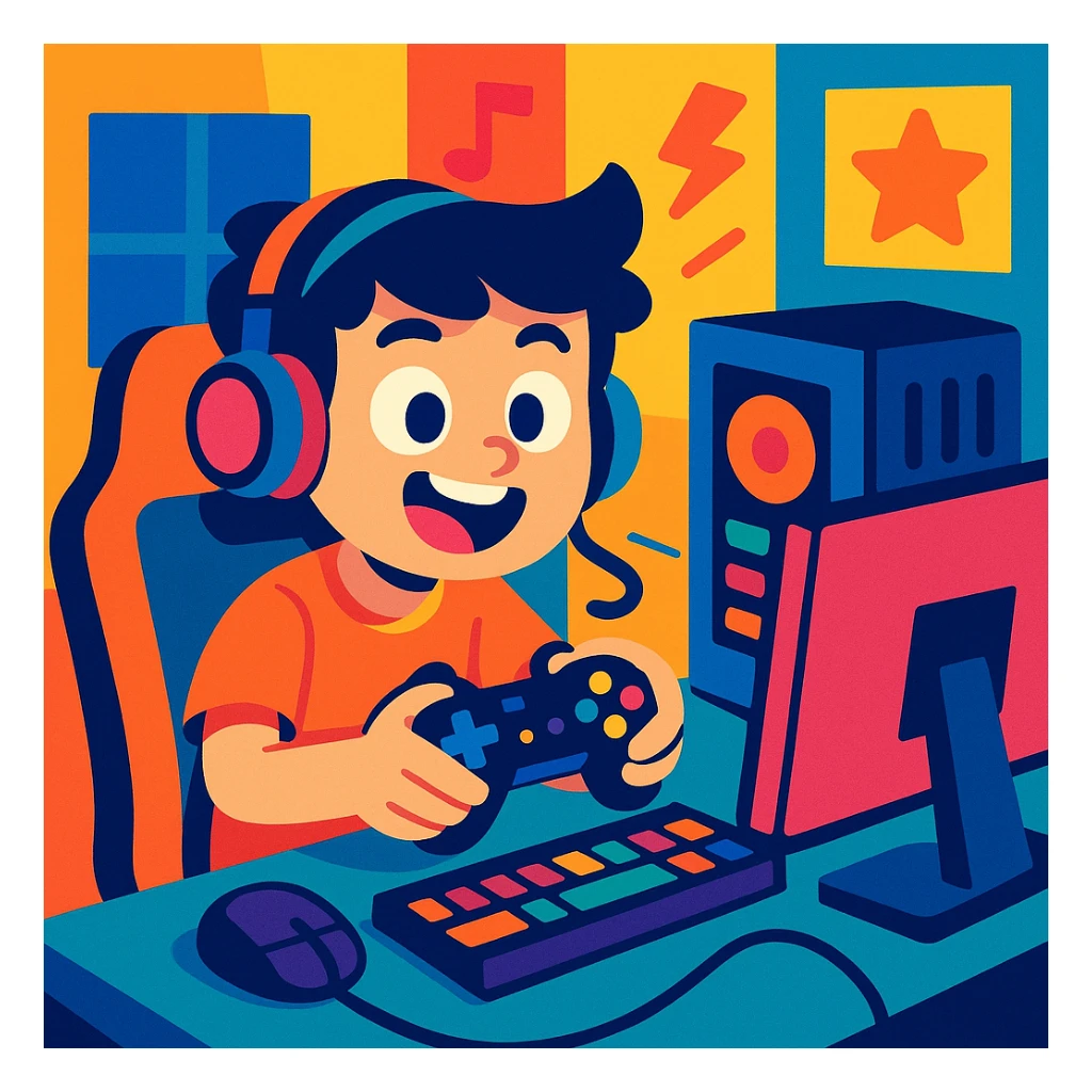 a young boy with a gaming setup, vibrant and playful style, colorful, energetic, fun, modern sticker