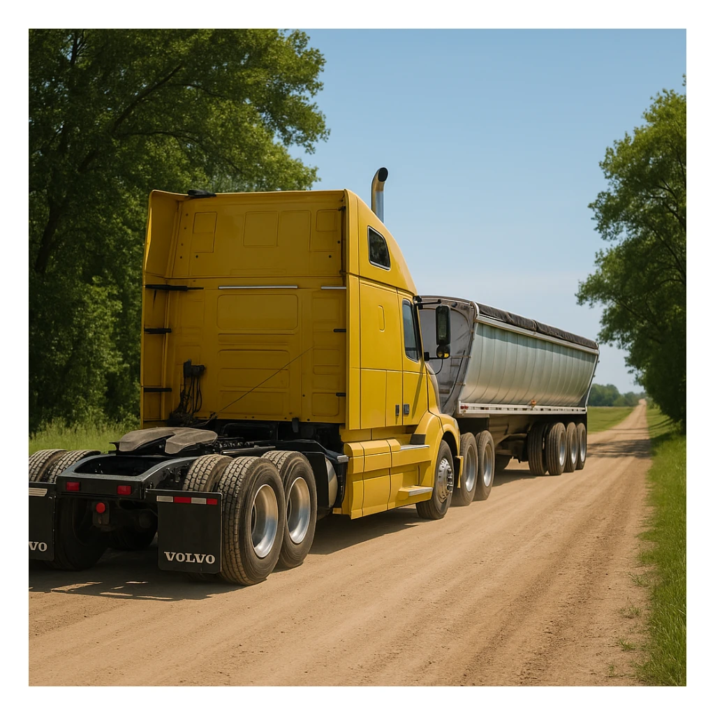 highly photorealistic rear three-quarter angle view of a Volvo yellow semi sleeper truck with a long silver end dump trailer, both in normal driving position, driving away down a rural dirt road lined with trees and grass, bright daytime lighting, clear sky sticker