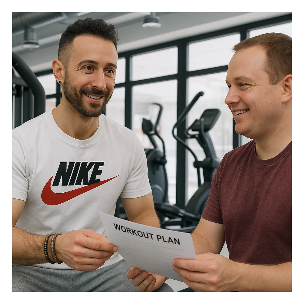 Realistic personal trainer in a gym, inspired by the person in the reference photo, handing a personalized workout plan to a smiling client, in a welcoming and professional environment. sticker