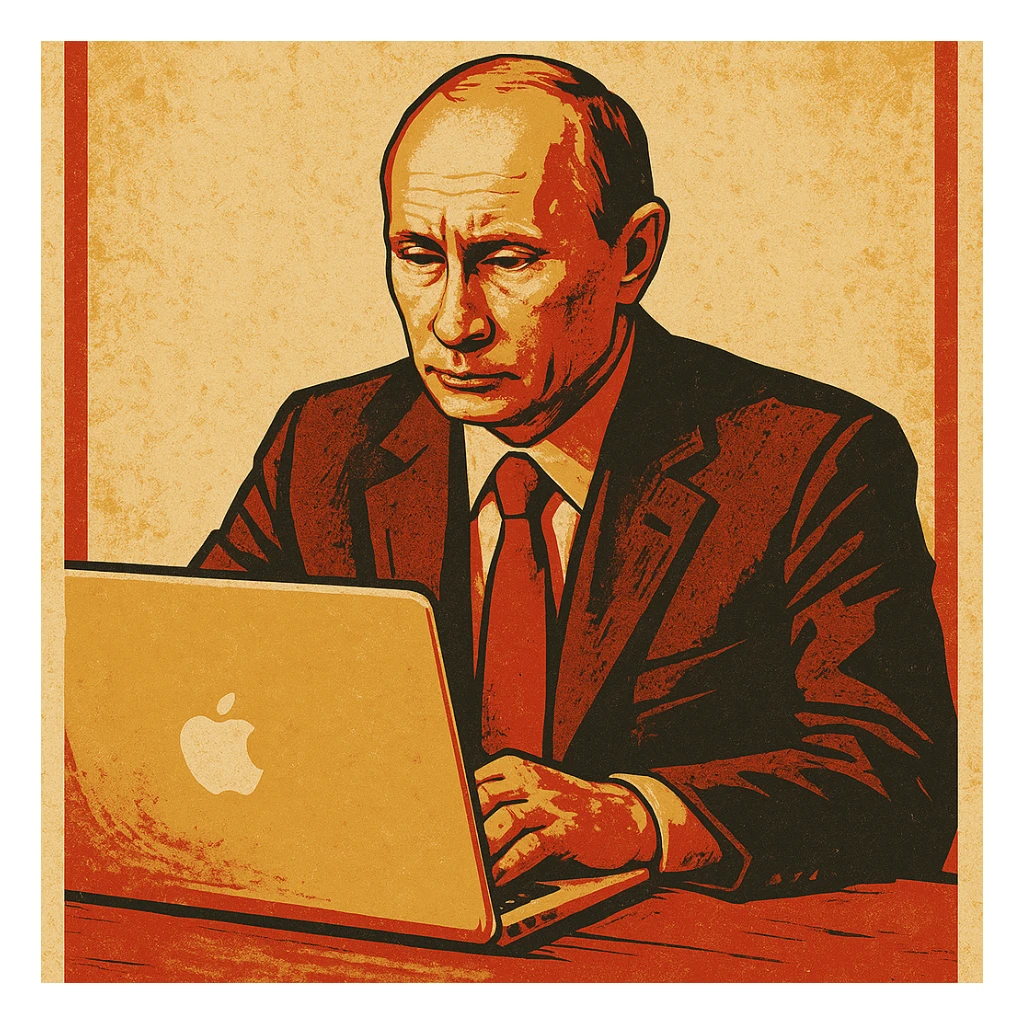 Vladimir Putin working on a MacBook in a vintage propaganda poster style sticker