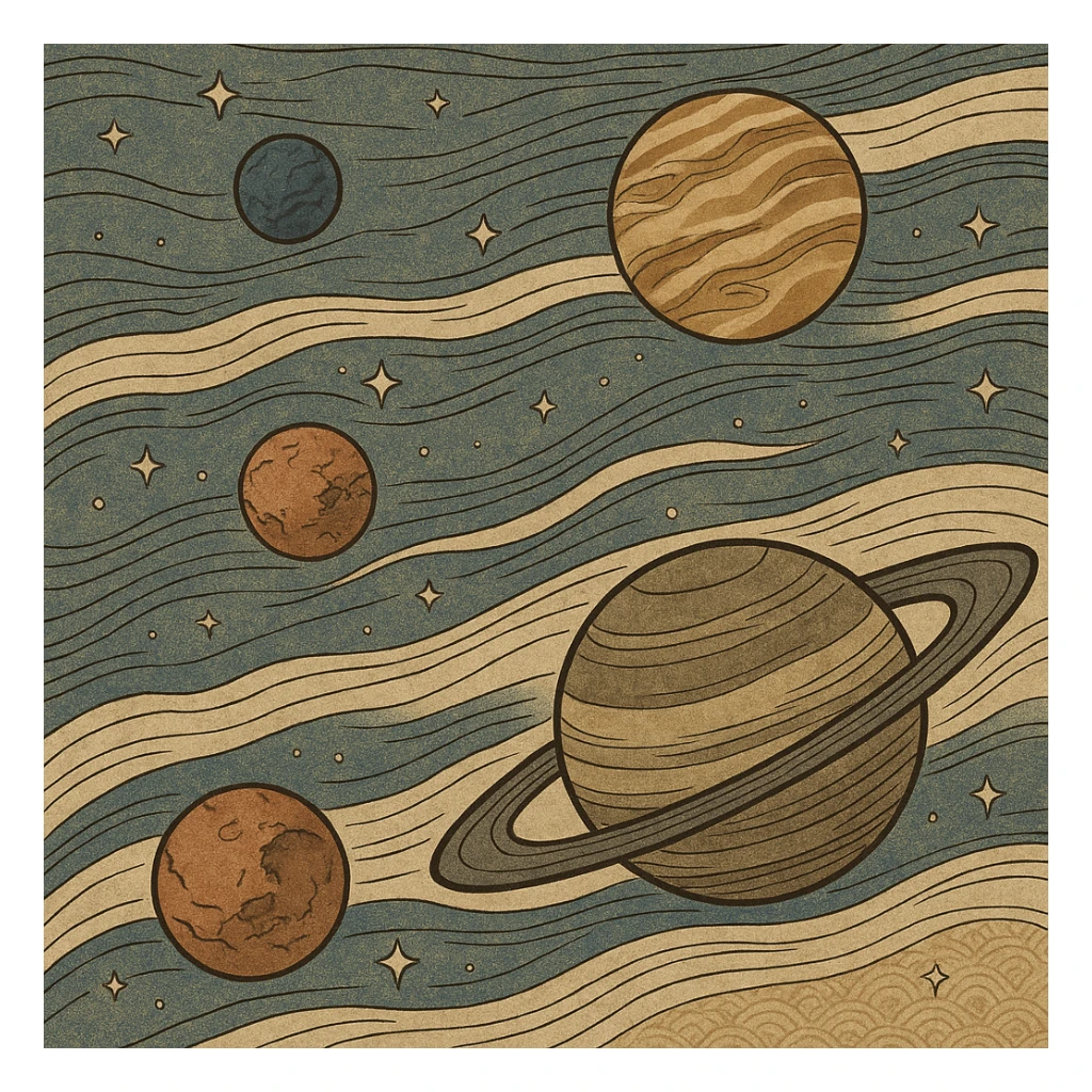 ukiyo-e style cosmic landscape with planets and stars, inspired by Interstellar sticker