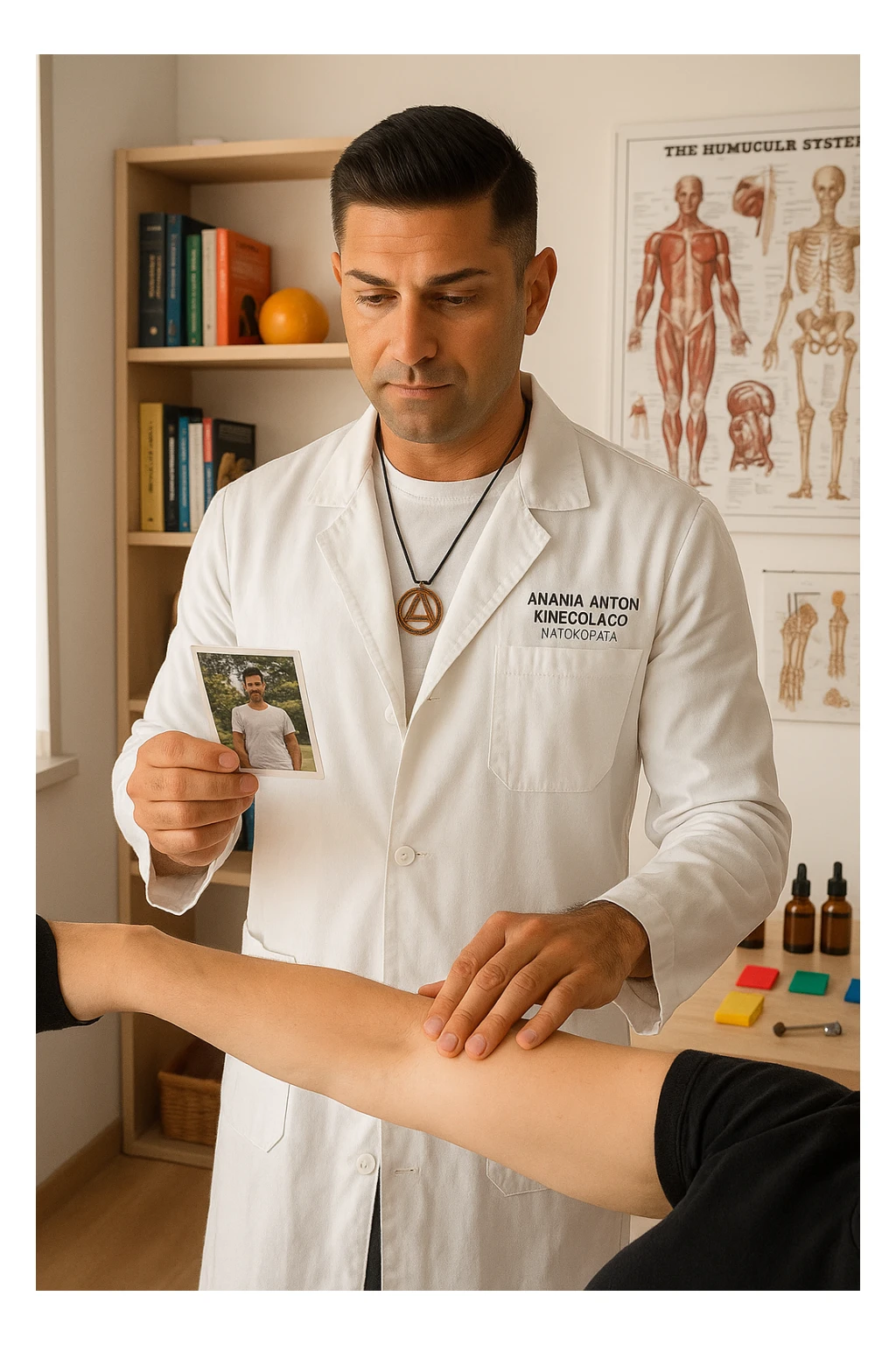 a middle-aged man, dressed in casual professional attire, is in a bright, organized therapy studio. Durante una visita di kinesiologia, il testimone tiene con una mano la foto di una persona lontana (il “testimone”) tiene la foto in mano, mentre con l’altra mano esegue un test muscolare su un cliente presente. Sullo sfondo si vedono libri di kinesiologia, poster anatomici e strumenti tipici della disciplina. L’atmosfera è concentrata e serena, con luce naturale che entra dalla finestra, sottolineando l’aspetto alternativo e umano della pratica. sticker