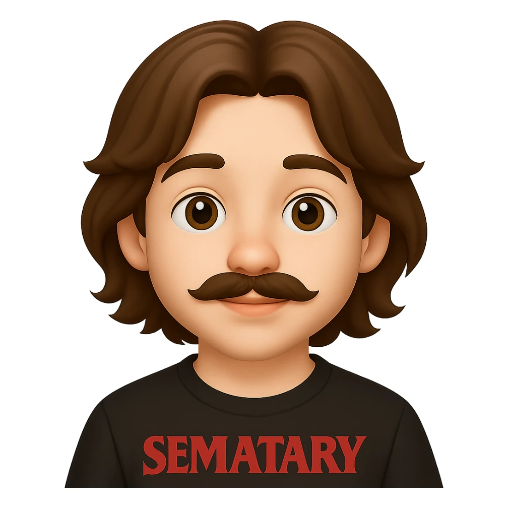 Make the chubby man look younger and have him wear Semetary merch. The original style is emoji style, which does not support editing, so use the general style editor while respecting the emoji style look. sticker