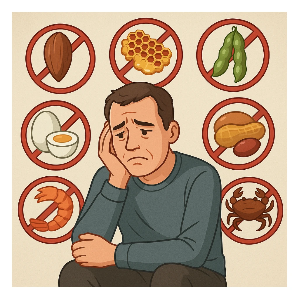 A 40-year-old man suffering from food intolerances, inspired by the reference image, sitting with a sad air, forbidden food symbols in the background, conveying an atmosphere of food discomfort. sticker