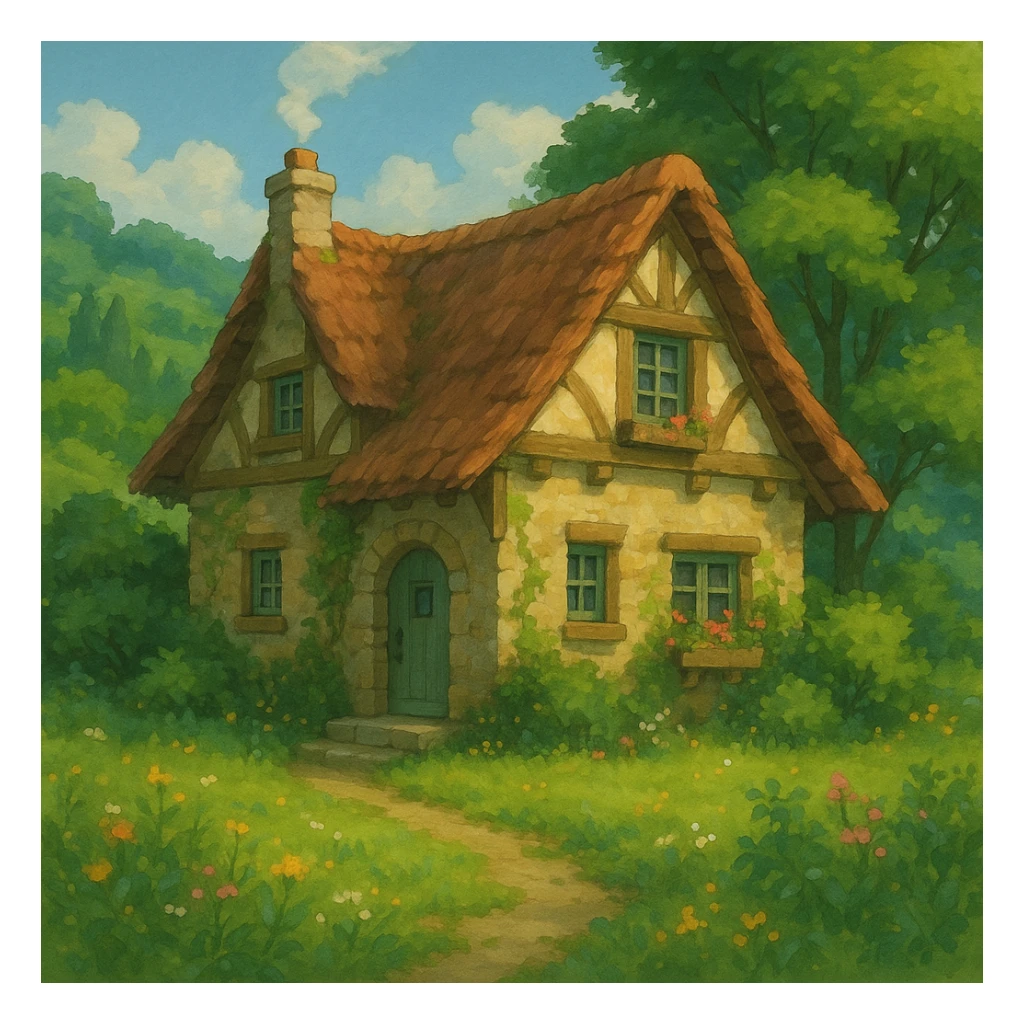 cozy cottage in a lush landscape with gentle lighting in ghibli style sticker