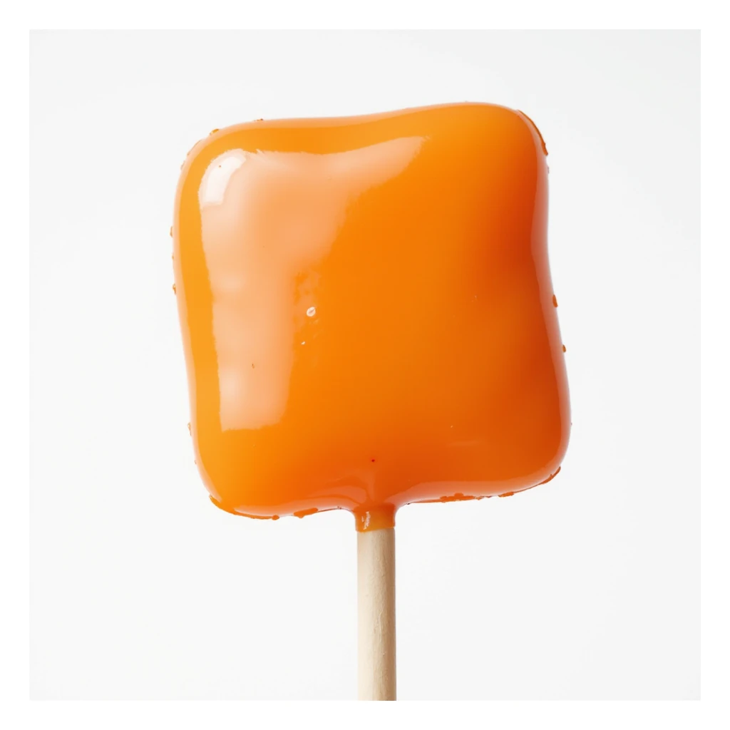realistic square-shaped lollipop, orange color, shiny, photorealistic style sticker