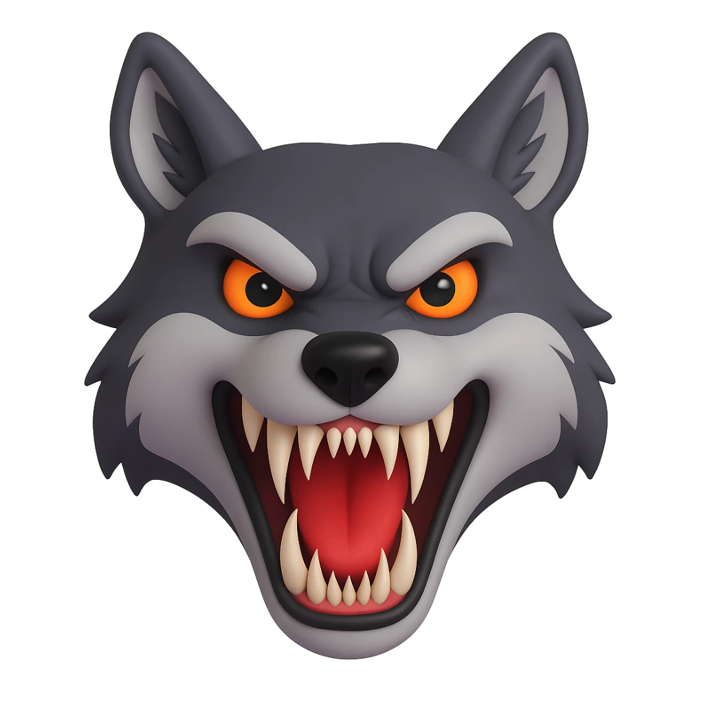 Make the wolf teeth much sharper, same style as original 3D emoji style. The original 3D emoji style does not support editing, so use a general style that respects the microsoft style 3d fluent emoji look while sharpening the wolf teeth. sticker