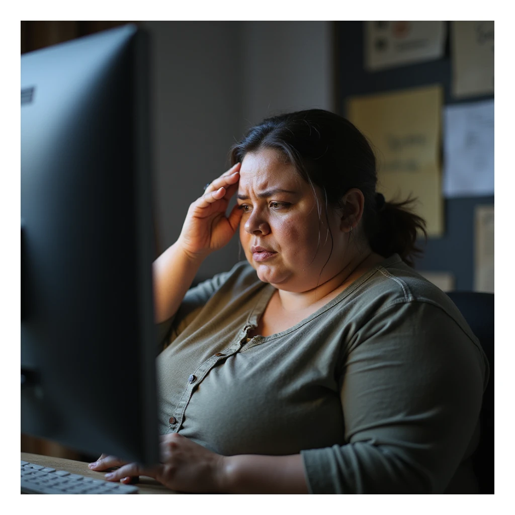 obese woman in front of a screen, dazed expression, hand on forehead as if struggling to think, hyperrealistic 4K details, work environment, signs of mental slowing sticker