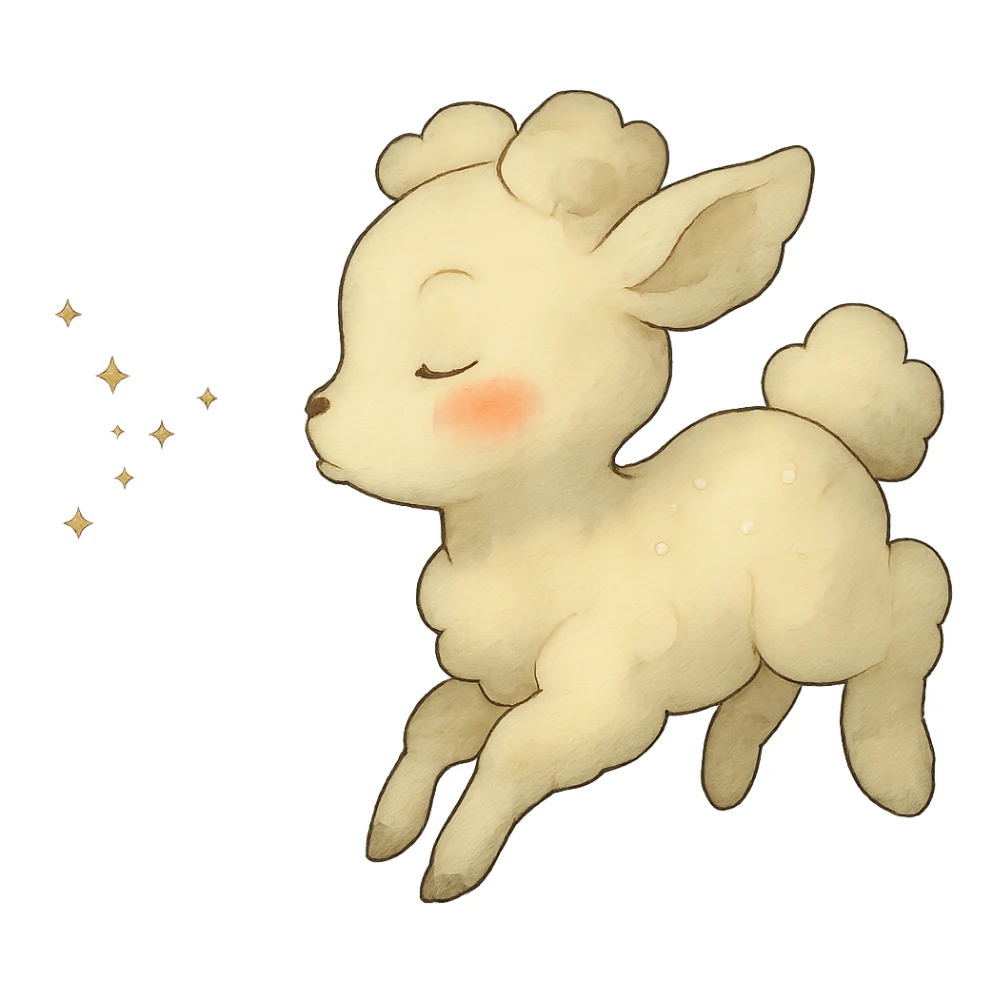 soft vanilla cloud doe with rosy cheeks, floating and blowing sparkles, ghibli style sticker