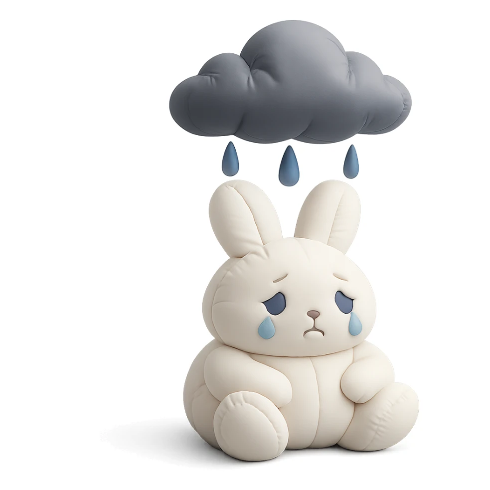 marshmallow bunny sitting with tears under a raincloud, cushion style sticker