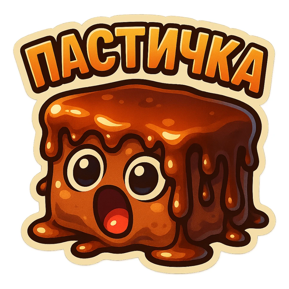Rectangular chocolate mini pastry, slightly messy and squished, chocolate dripping, big round eyes, wide open mouth, playful surprised expression, text above: "ПАСТИЧКА", chibi style, Twitch emoji style, transparent background, colorful

 sticker
