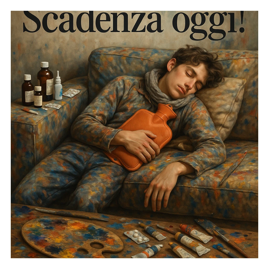 Young artist asleep on a paint-stained sofa, above the Italian text 'Scadenza oggi!', medicine bottles and hot water bottle as supplies, chaotic and creative atmosphere, hyperrealistic details 4K, Italian text. sticker