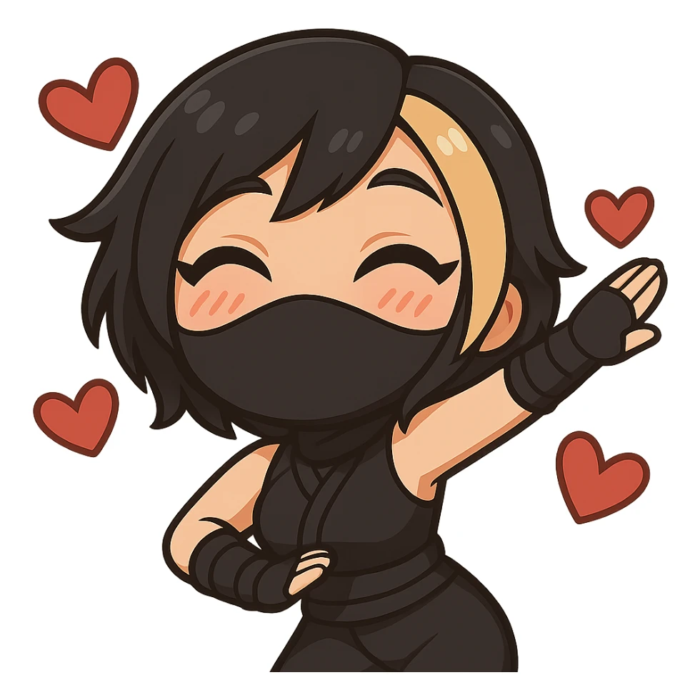 Create a chibi anime style ninja girl dancing to the right. Keep the same face, hair, mask, outfit, and hearts as the reference image. Change the pose so her body and arms are leaning to the right in a cute dance move. Transparent background, sized for Twitch emoji use. This is animation frame 2. sticker