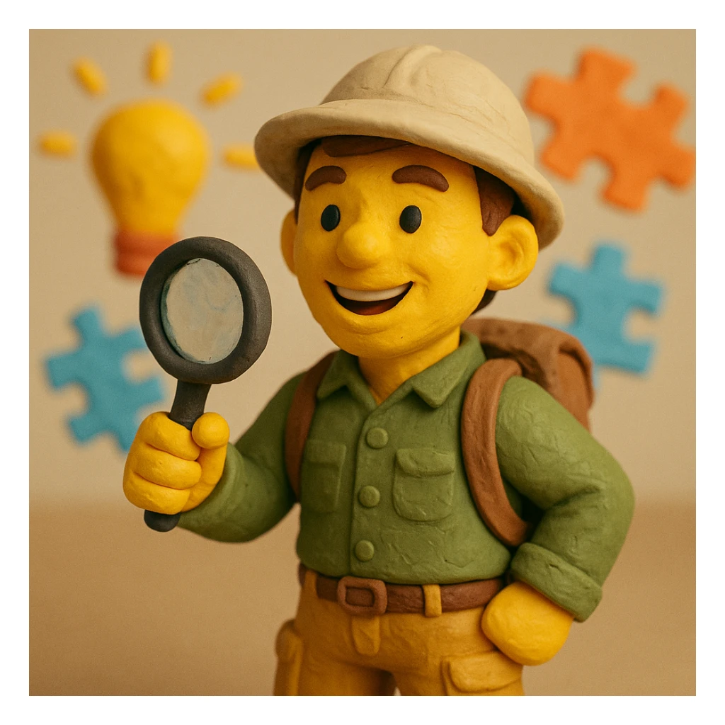 Create a realistic emoji character named Master Hunt. He is a young adult with short brown hair, wearing a casual explorer outfit that includes a button-up shirt and cargo pants. He has a backpack and a safari hat. In one hand, he holds a magnifying glass, and he has an enthusiastic smile on his face. The background should be light and vibrant, incorporating elements like light bulbs and puzzle pieces to symbolize creativity and a positive work culture. sticker