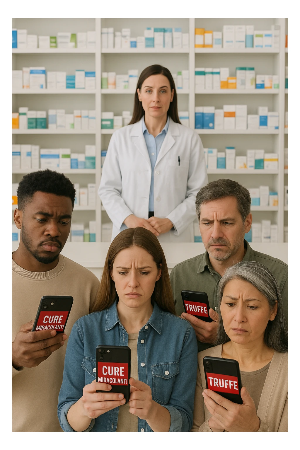 Realistic, vertical scene: a group of people in a pharmacy, some looking confused or skeptical as they read sensationalist headlines on their phones about “Cure Miracolanti” or “Truffe” A pharmacist stands behind the counter, ready to offer evidence-based advice. The atmosphere is educational, highlighting the importance of consulting professionals. sticker