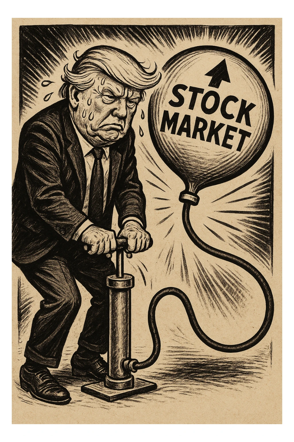 Дональд Трамп в стили пропагандисткой карикатуры в поте лица качает через насос, который подключен к фондовому рынку sticker