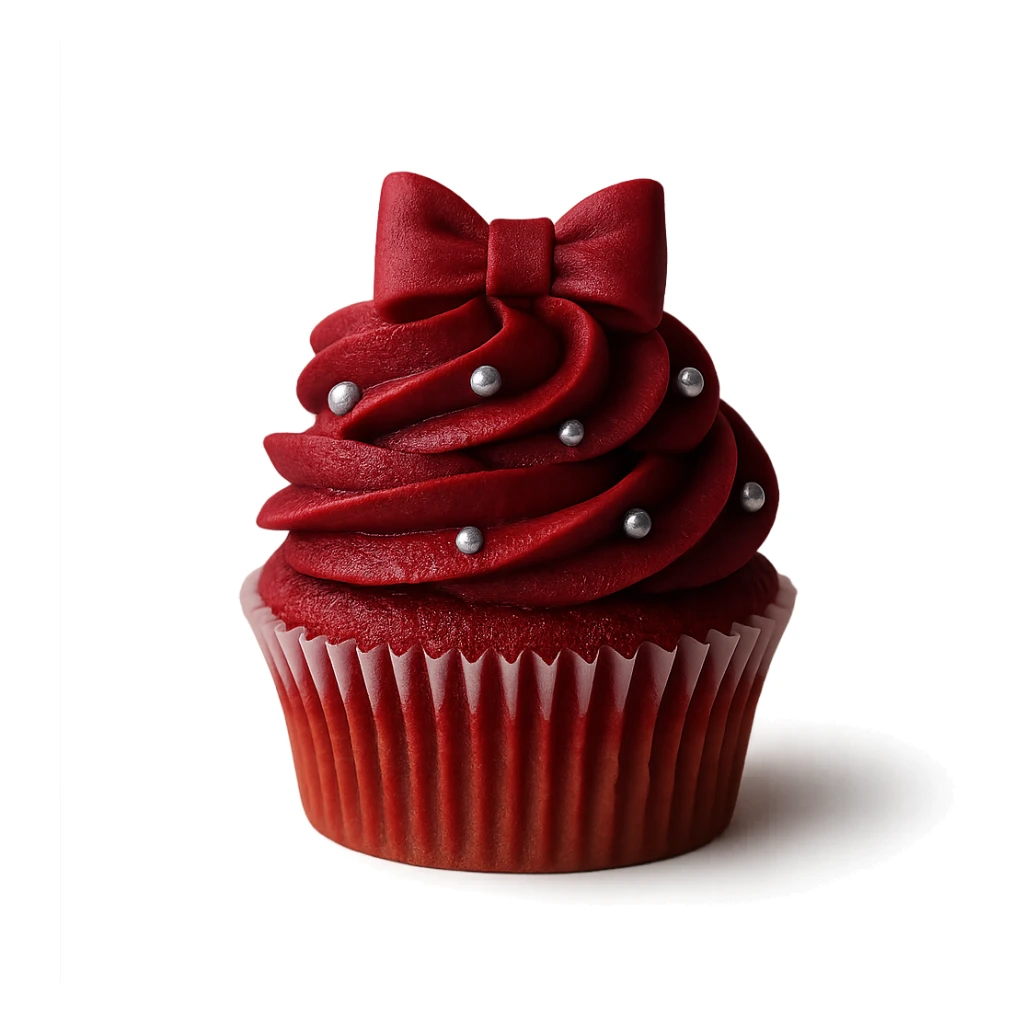 Change the icing to red velvet with a deep red, creamy texture, keep the realistic cupcake and accessories, photorealistic style, transparent background. sticker