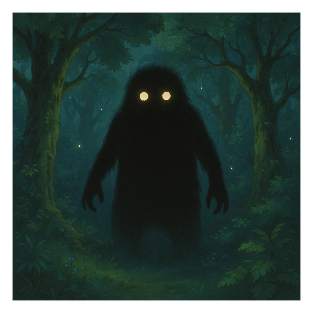 mysterious shadowy monster with glowing eyes in a magical forest background in ghibli style sticker
