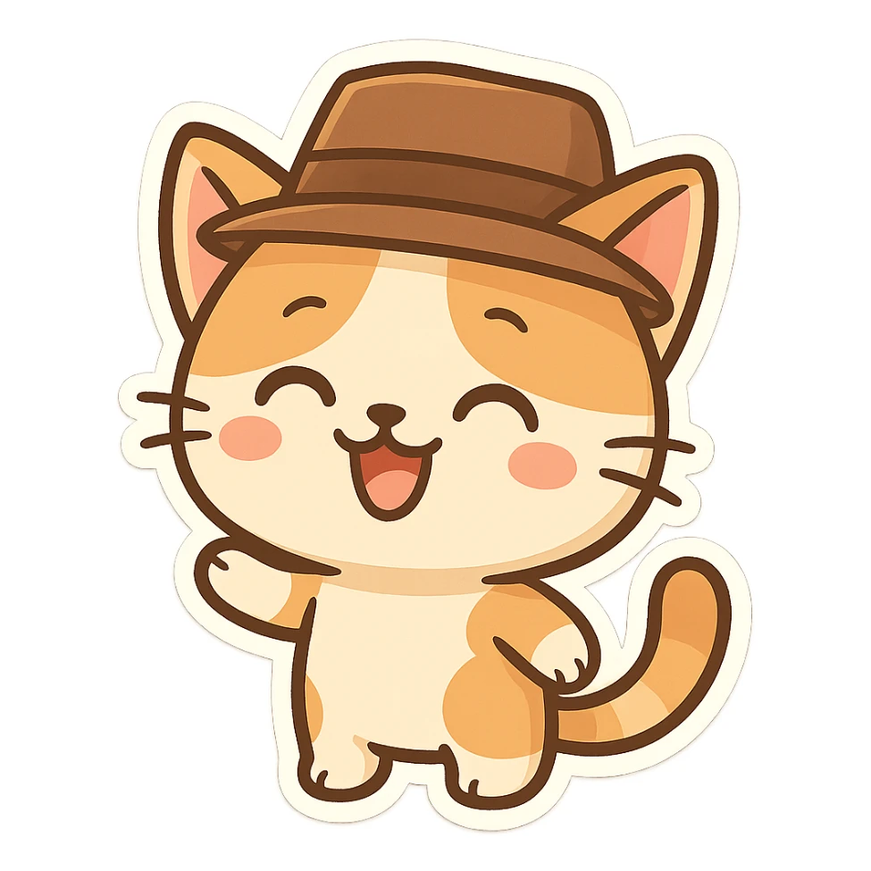 cartoon cat with a stylish hat, cheerful expression sticker
