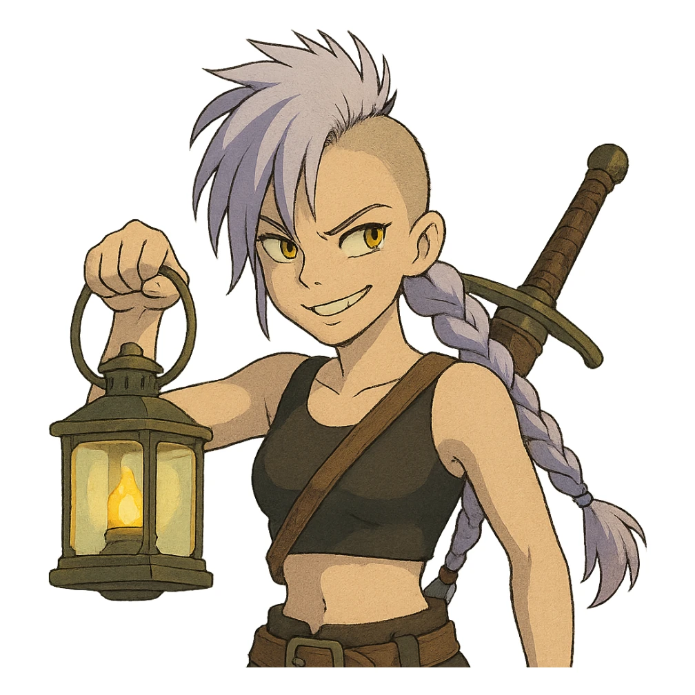 A sword maiden, mohawk, long braid white hair with lavender and tips long messy bangs one side, gold yellow eyes, black crop top, brandishing a lantern. Mischievous smirk sticker