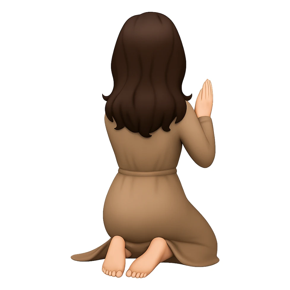Create a woman kneeling and praying from the back view, with her feet visible and out behind her, wearing a long tan dress, with dark brown hair, matching the body figure of the reference image. The style should resemble emoji style. Remove the background. sticker