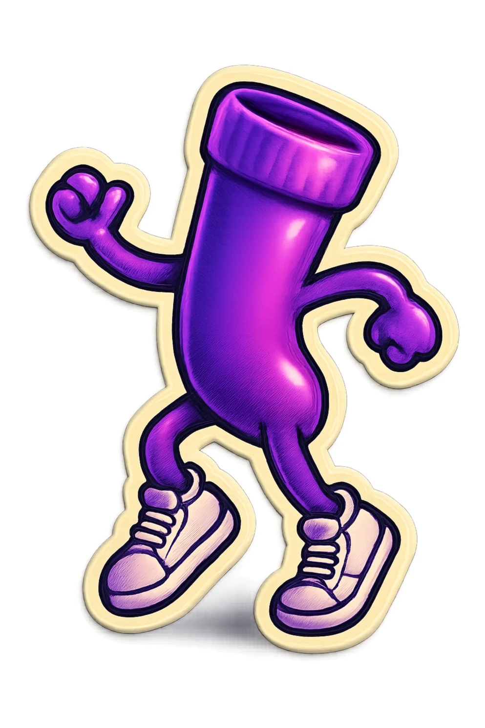 A neon-purple sock with a dancing pose, wearing sneakers, representing dancing or energy. sticker