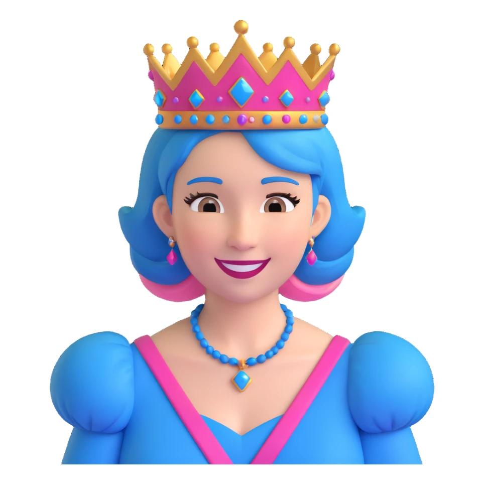 smiling queen with pink and blue hair and a queen crown sticker