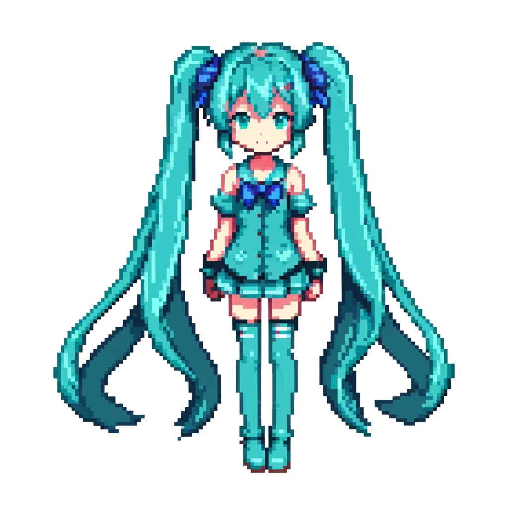 Hatsune Miku with teal twin-tails, anime character in pixel art style sticker