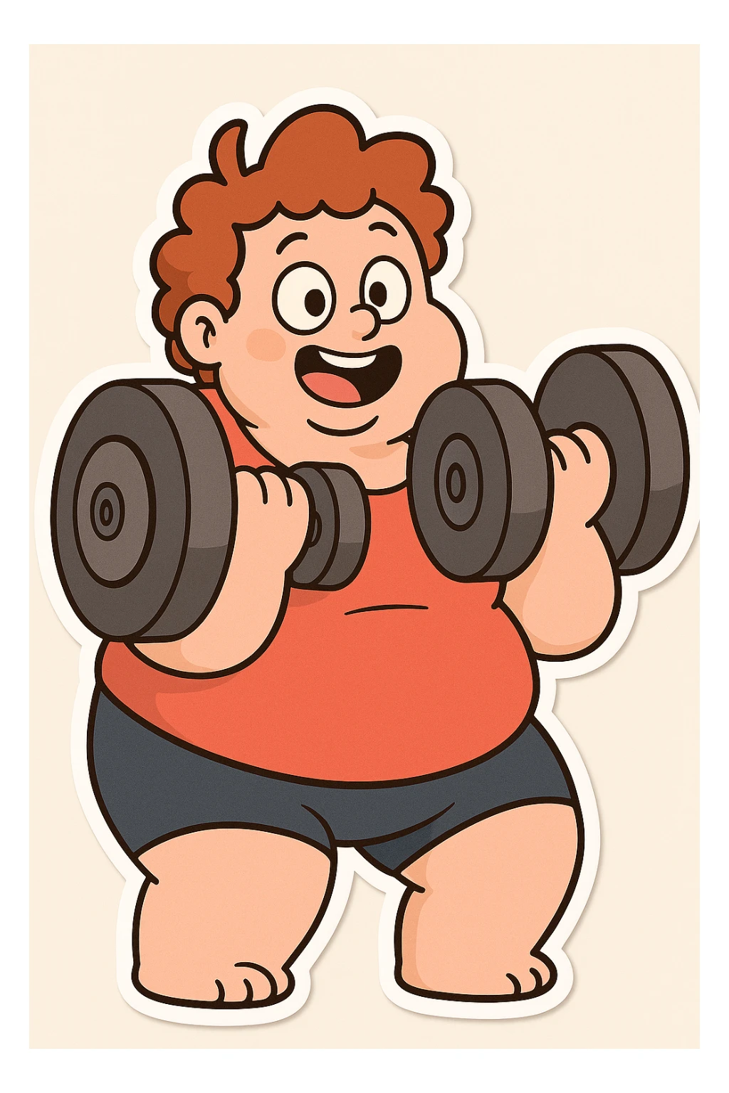 Make the dumbbells much larger while keeping the cartoonish and cute style intact, preserving the playful and adorable vibe. sticker