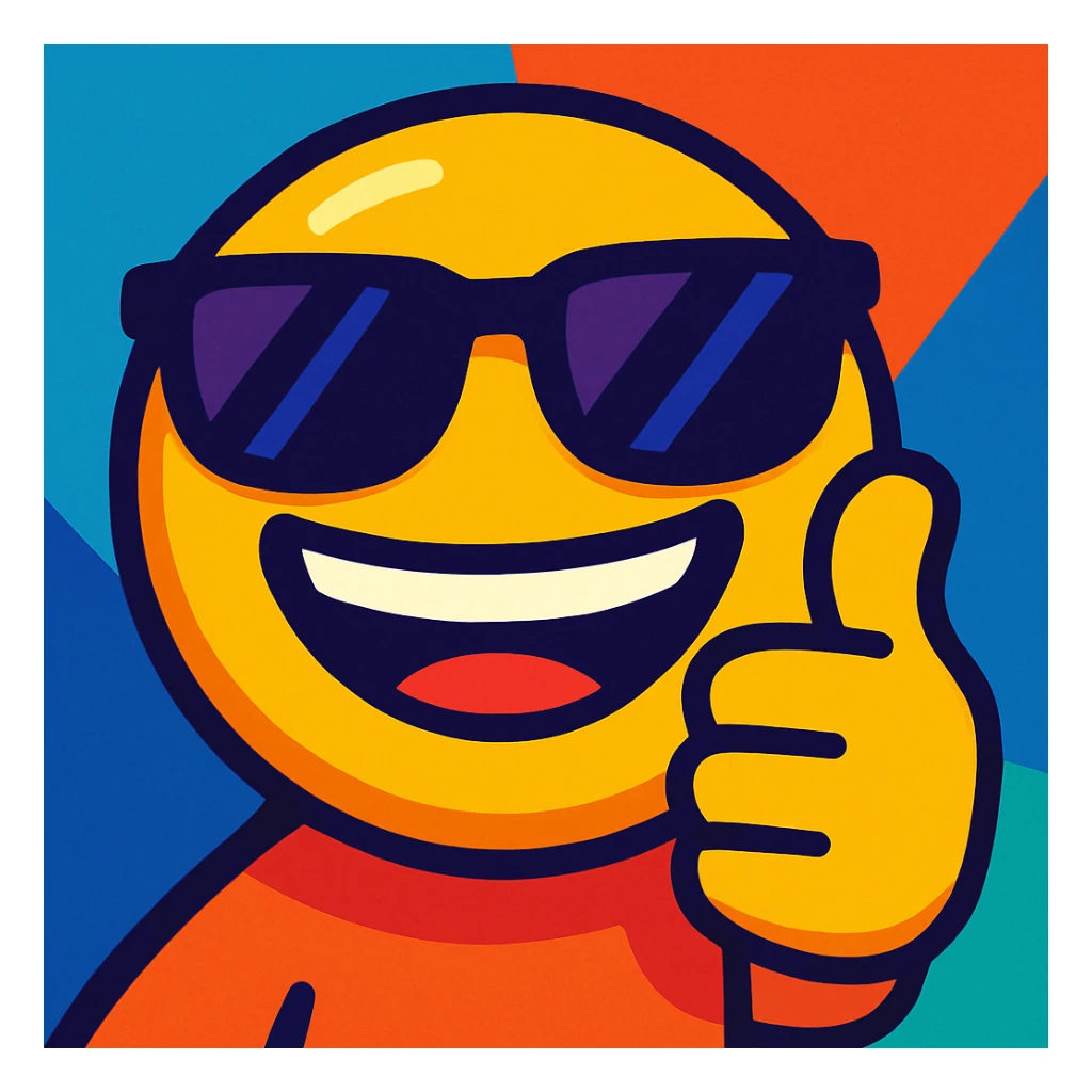 smiling emoji with sunglasses, giving a thumbs up, vibrant toon style sticker