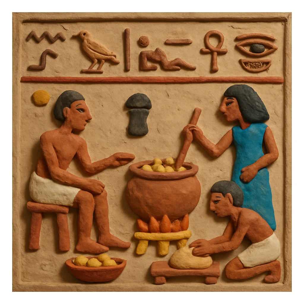 ancient Egyptian cooking scene in hieroglyphic style sticker