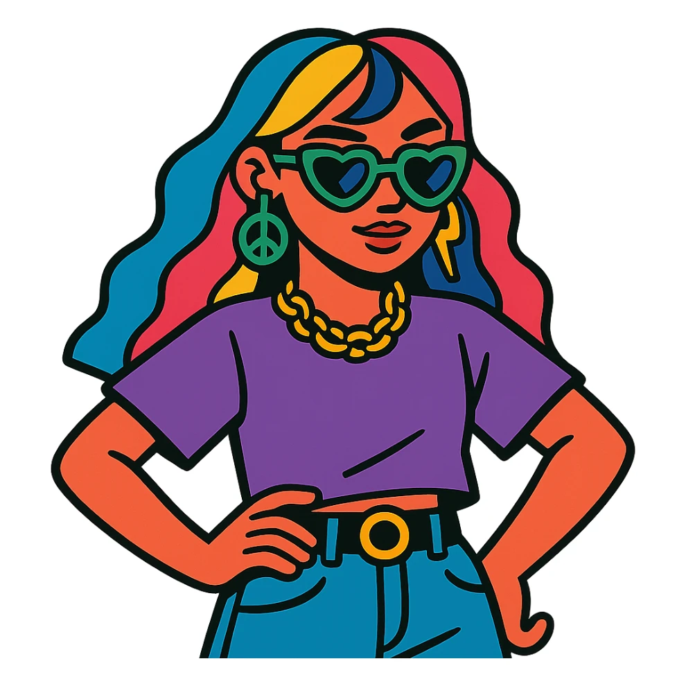 z generation girl, colorful hairstyle, unique accessories, confident pose sticker