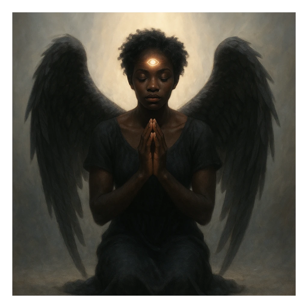 kneeling black angel, hands clasped, glowing third eye, surrounded by soft light sticker