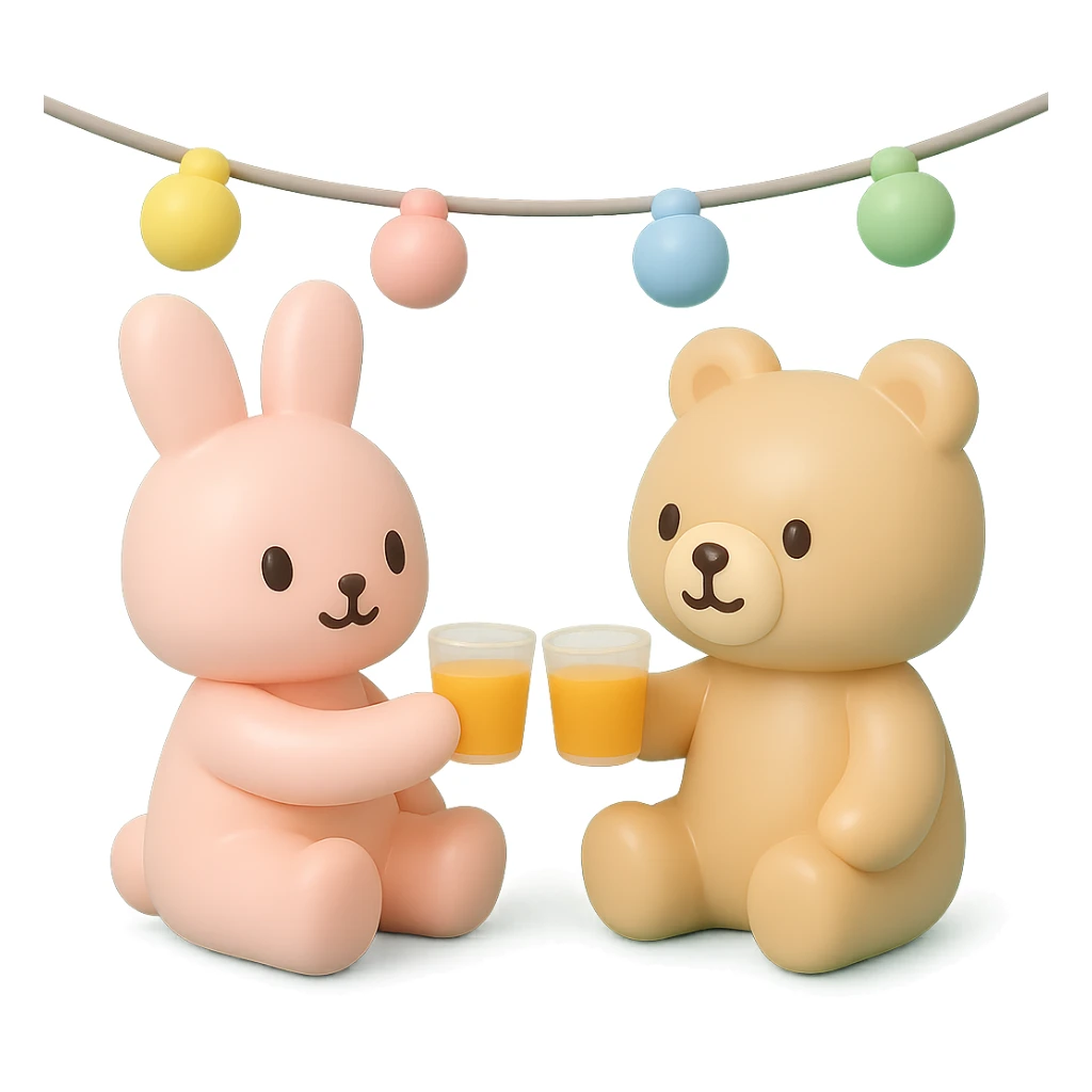 bunny and bear clinking juice cups under string lights, vinyl figure style, smooth and shiny surface sticker