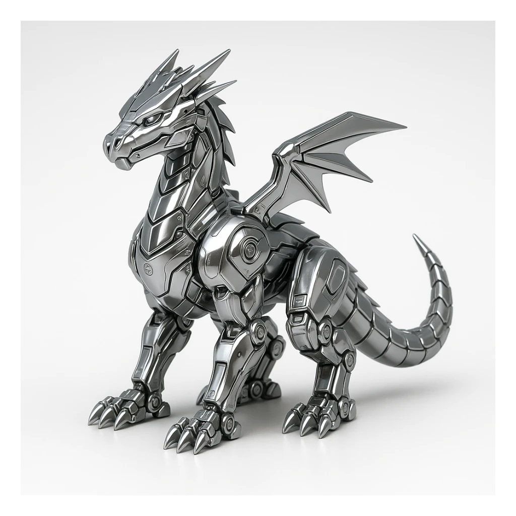 futuristic robotic dragon with chrome finish, exposed machinery, glowing energy lines, 1:1 aspect ratio sticker