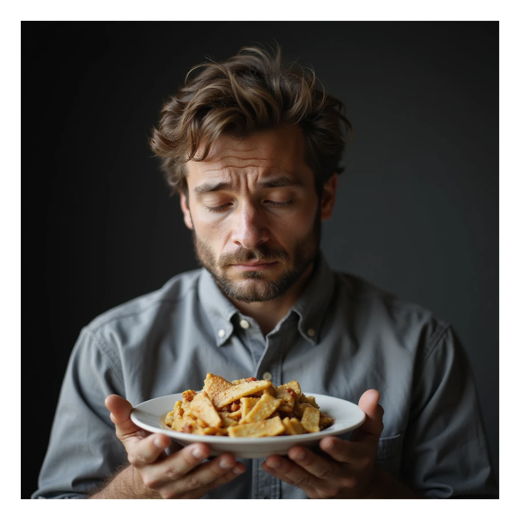 uomo di circa 20 anni, triste, che mangia un piatto di pasta, espressione triste, iperrealismo 4K, variazione 6 sticker