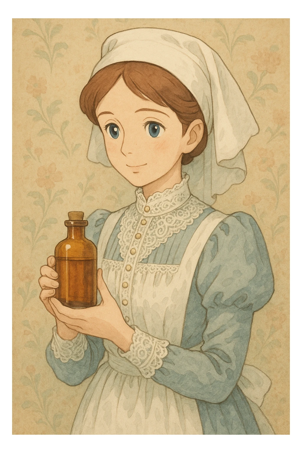 victorian nurse holding a medicine bottle sticker