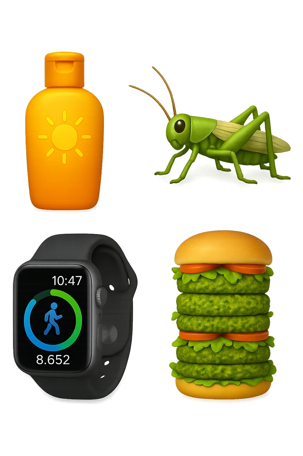 emoji stile iphone di una boccetta di CREMA SOLARE, UNO SMARTWATCH CONTAPASSI, UN GRILLO, UNA TORRETTA DI HAMBURGER FATTI CON I PISELLI, IPERREALISTICO 4K sticker