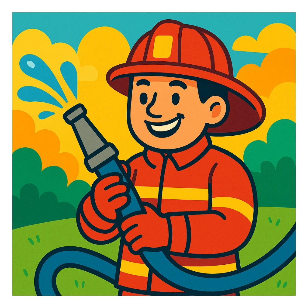 firefighter holding a water hose, cartoon style, bright colors, smiling expression sticker