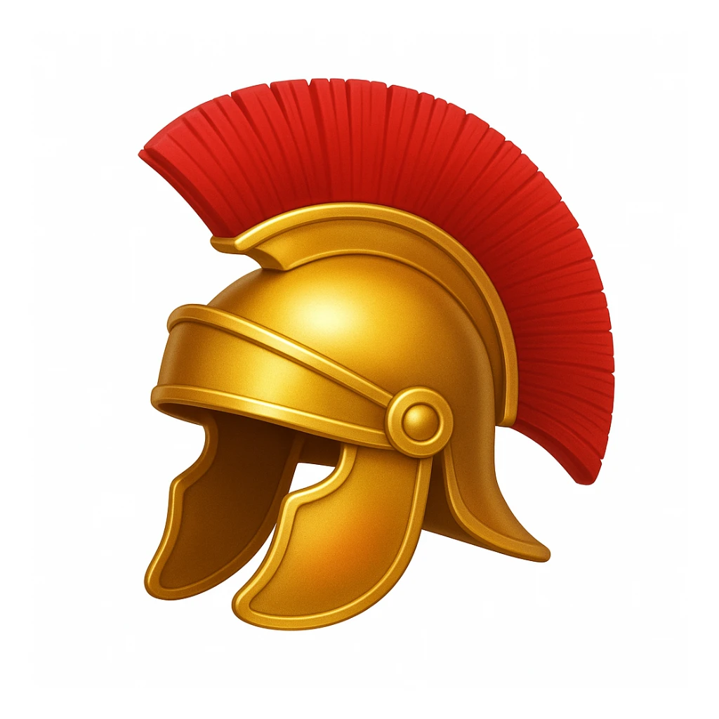 Make a helmet emoji exactly like the helmet in the reference image, in iOS emoji style. Roman helmet, gold with red crest, shiny and smooth. Add a slight blush to the gold. sticker