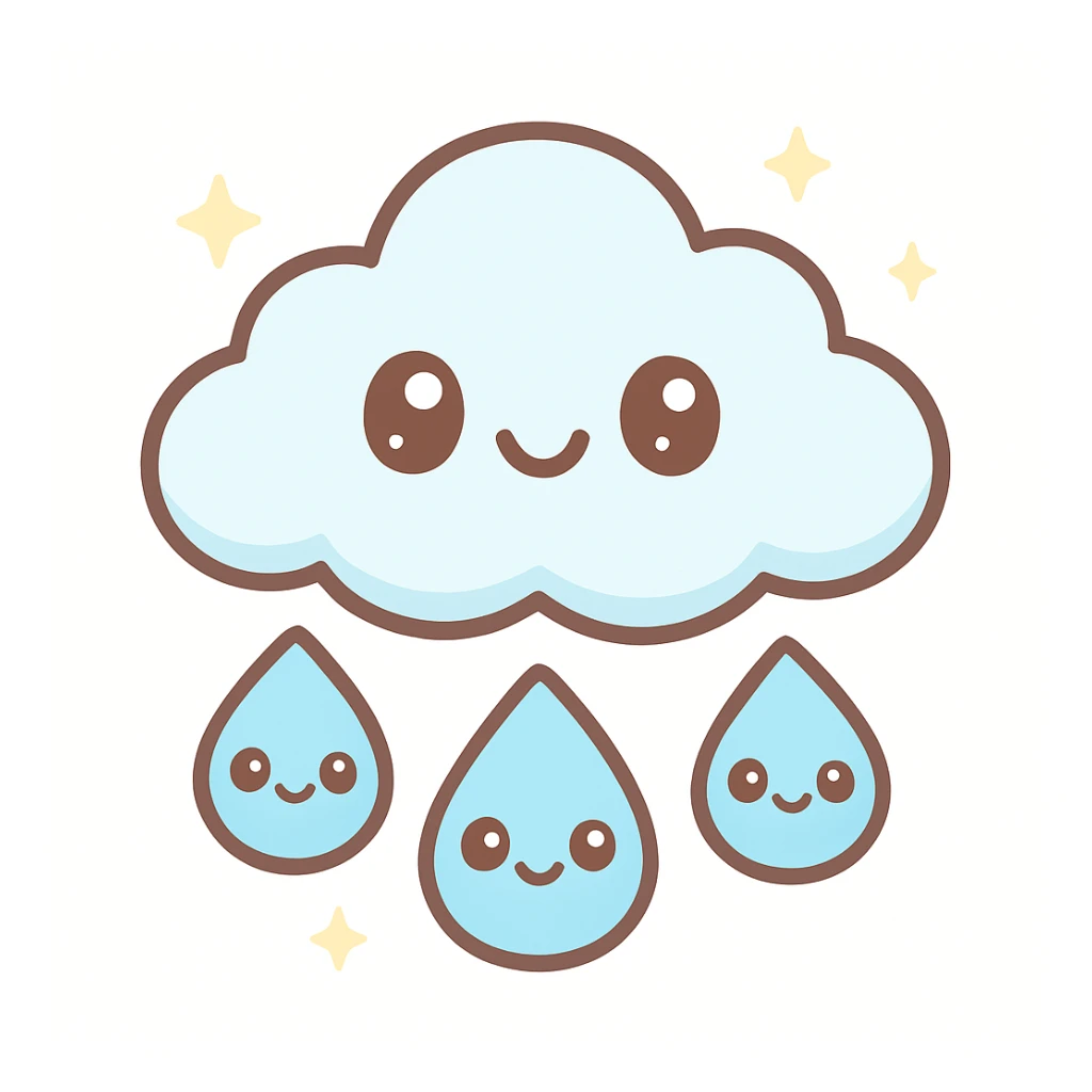 cute rain icon with smiling blue raindrops and a small cloud, kawaii style, simple and friendly sticker