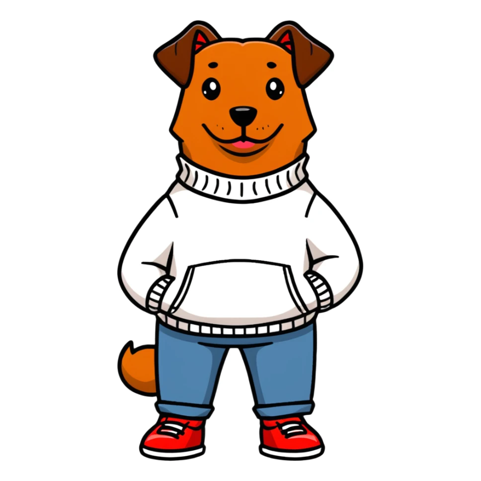 Brown dog standing upright with hands in jean pockets, wearing a white sweater and red shoes sticker