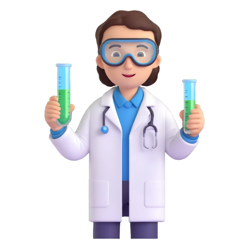 chemist in lab coat with chemical goggles holding a test tube, background with a board of chemical elements, 3D emoji style, no text sticker