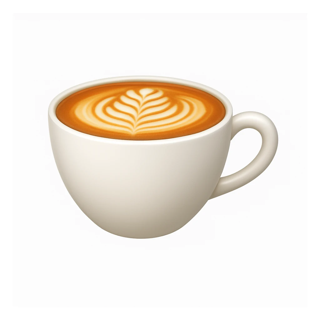 Create a cappuccino cup emoji exactly like the reference image but without the face. The cup should be white with latte art on top, smooth and shiny, with a subtle highlight added, in the style of iOS emojis. sticker