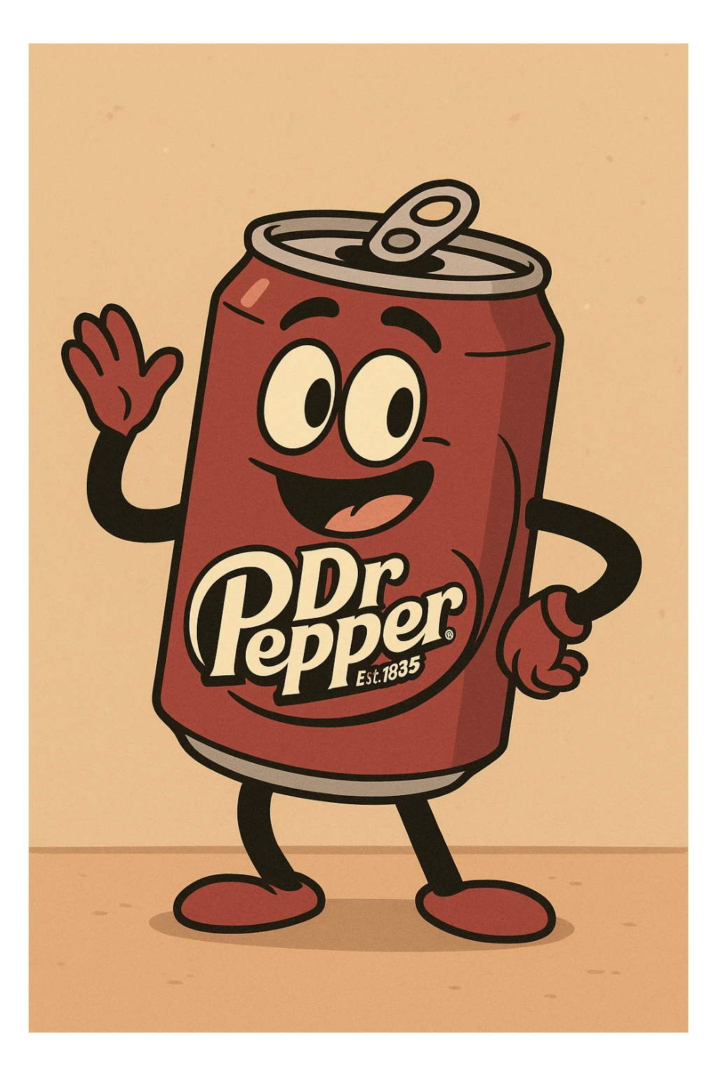cartoon style Dr Pepper soda can with bold outlines and playful look sticker