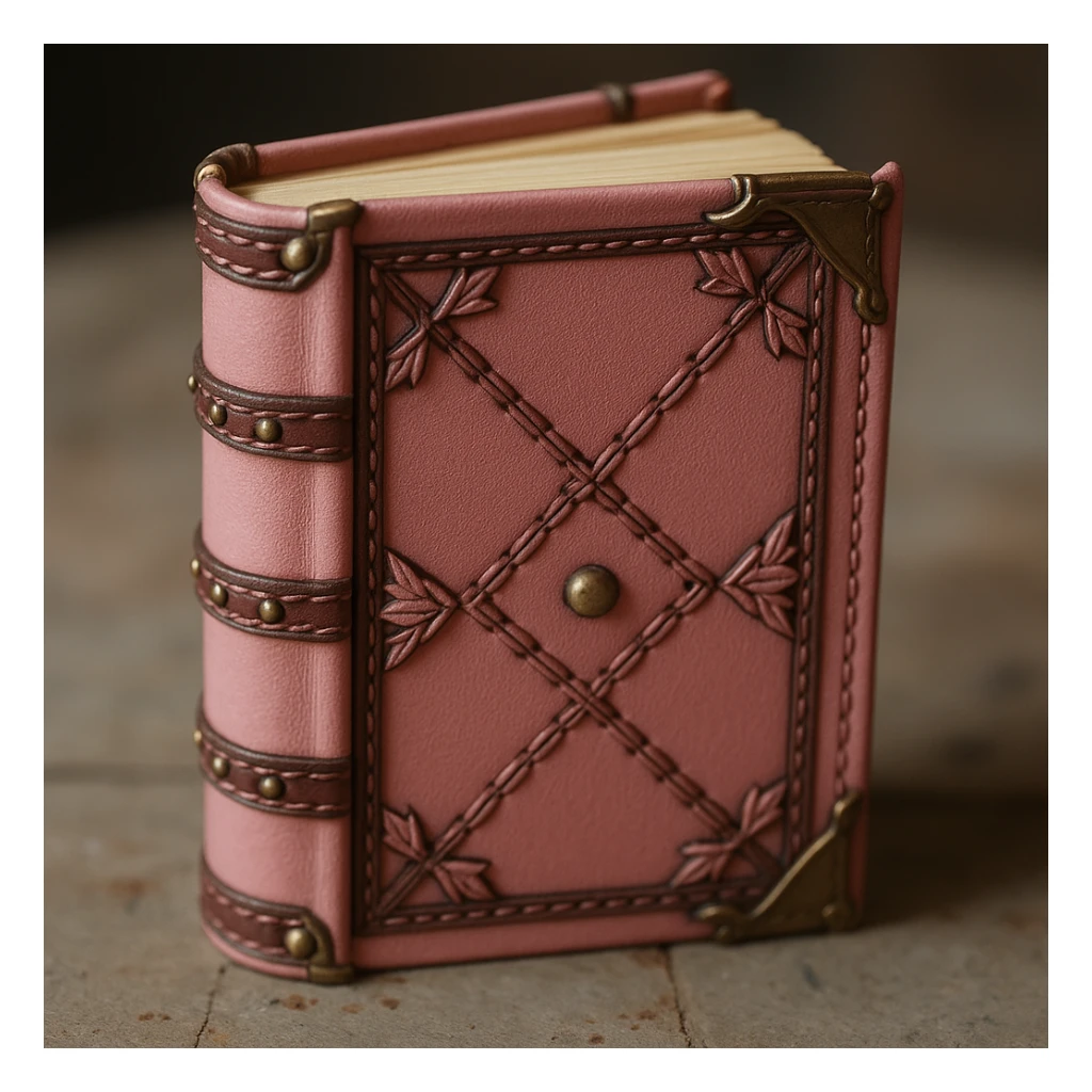 Change the leather cover of the diary to pink, keep the diary closed with brown leather and gold-edged pages, realistic and detailed style. sticker