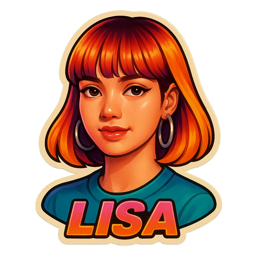 close-up portrait of Lisa from Blackpink, vibrant and nostalgic sticker