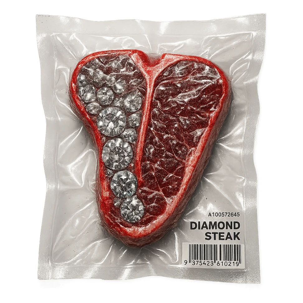 meat steak made of diamond, glossy and puffy, no background sticker