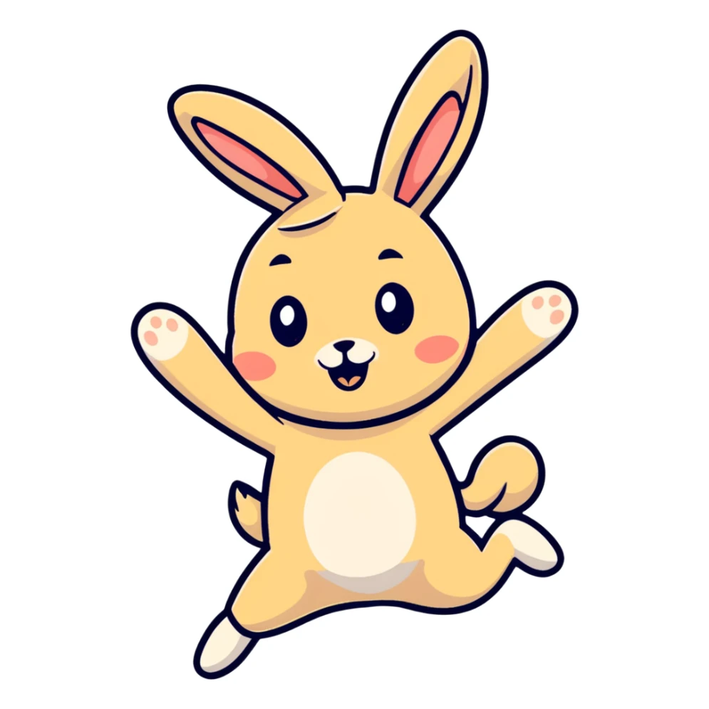 beige bunny jumping and making peace signs, cartoonish sticker style sticker